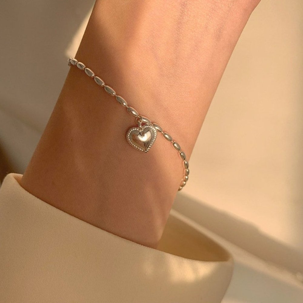925 Sterling Silver Dainty Beaded Heart Bracelet - Picture 8 of 9